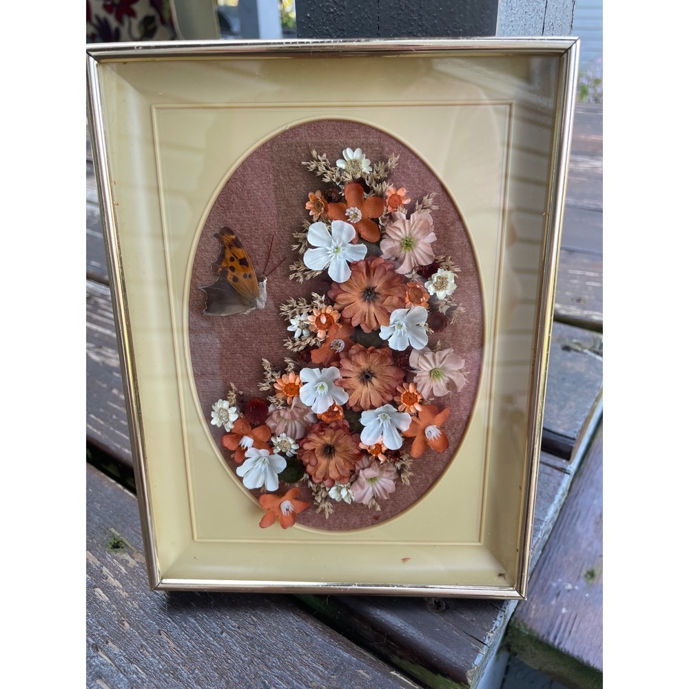 Vintage Dried Flower Butterfly Shadow Box Framed Wall Art